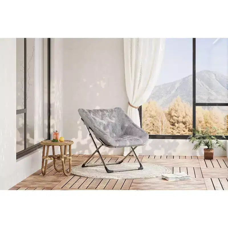 Chaise soucoupe pliante pour adultes, fauteuil de salon confortable avec coussin en fausse fourrure douce, aucun assemblage requis, meuble d'appoint pliant