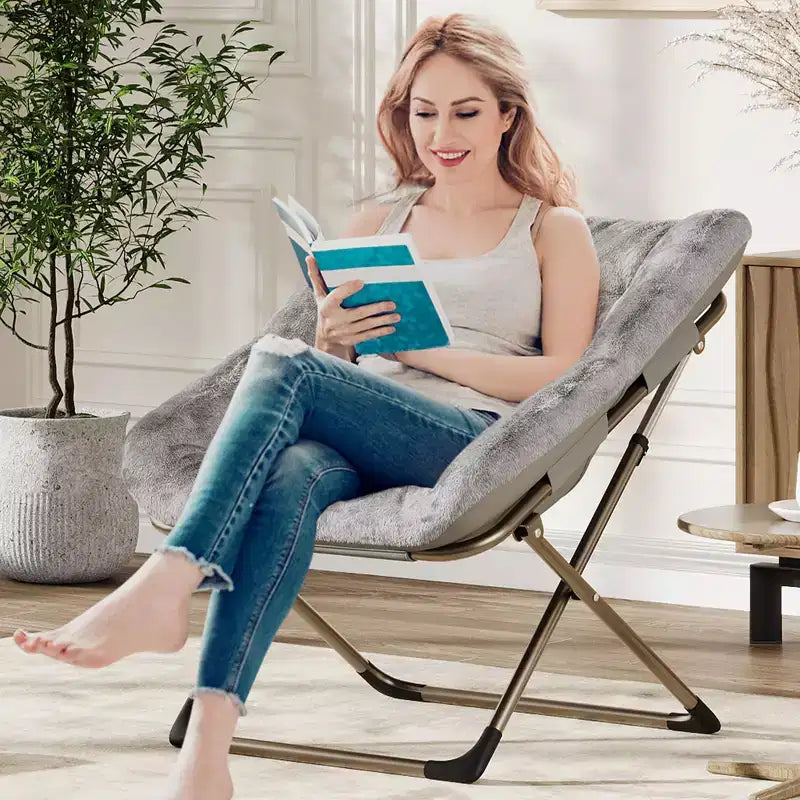 Folding Saucer Chair for Adults, Comfortable Living Room Lounge Chair with Soft Faux Fur Cushion, No Assembly Required, Foldable Accent Furniture