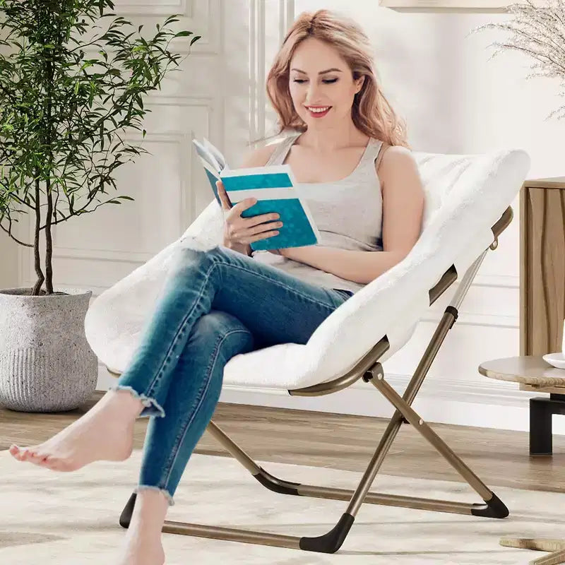 Chaise soucoupe pliante pour adultes, fauteuil de salon confortable avec coussin en fausse fourrure douce, aucun assemblage requis, meuble d'appoint pliant