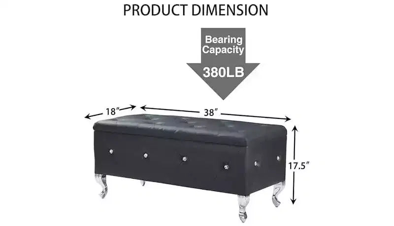 Banc de rangement ottoman, avec assise capitonnée et pieds en métal, banc de rangement pour chambre en cuir, banc ottoman pour salon, chambre, noir