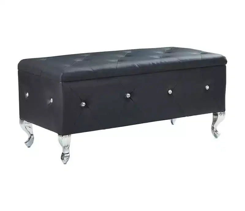 Banc de rangement ottoman, avec assise capitonnée et pieds en métal, banc de rangement pour chambre en cuir, banc ottoman pour salon, chambre, noir