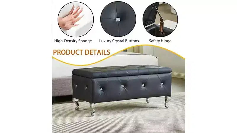 Banc de rangement ottoman, avec assise capitonnée et pieds en métal, banc de rangement pour chambre en cuir, banc ottoman pour salon, chambre, noir