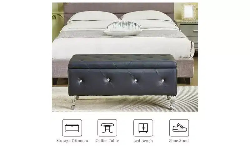 Banc de rangement ottoman, avec assise capitonnée et pieds en métal, banc de rangement pour chambre en cuir, banc ottoman pour salon, chambre, noir