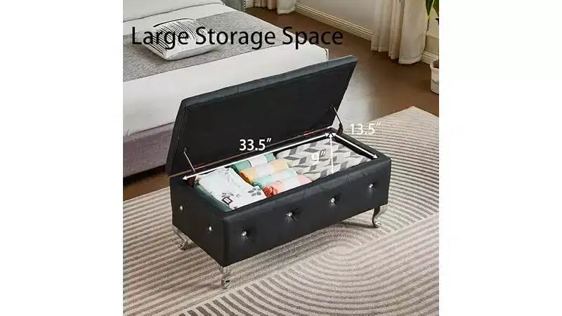 Banc de rangement ottoman, avec assise capitonnée et pieds en métal, banc de rangement pour chambre en cuir, banc ottoman pour salon, chambre, noir
