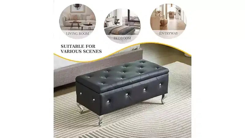 Banc de rangement ottoman, avec assise capitonnée et pieds en métal, banc de rangement pour chambre en cuir, banc ottoman pour salon, chambre, noir