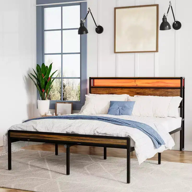 Cadre de lit Queen Size avec tête de lit, Cadre de lit plateforme en métal avec étagère de rangement, Support à lattes métalliques, Pas besoin de sommier tapissier, Silencieux