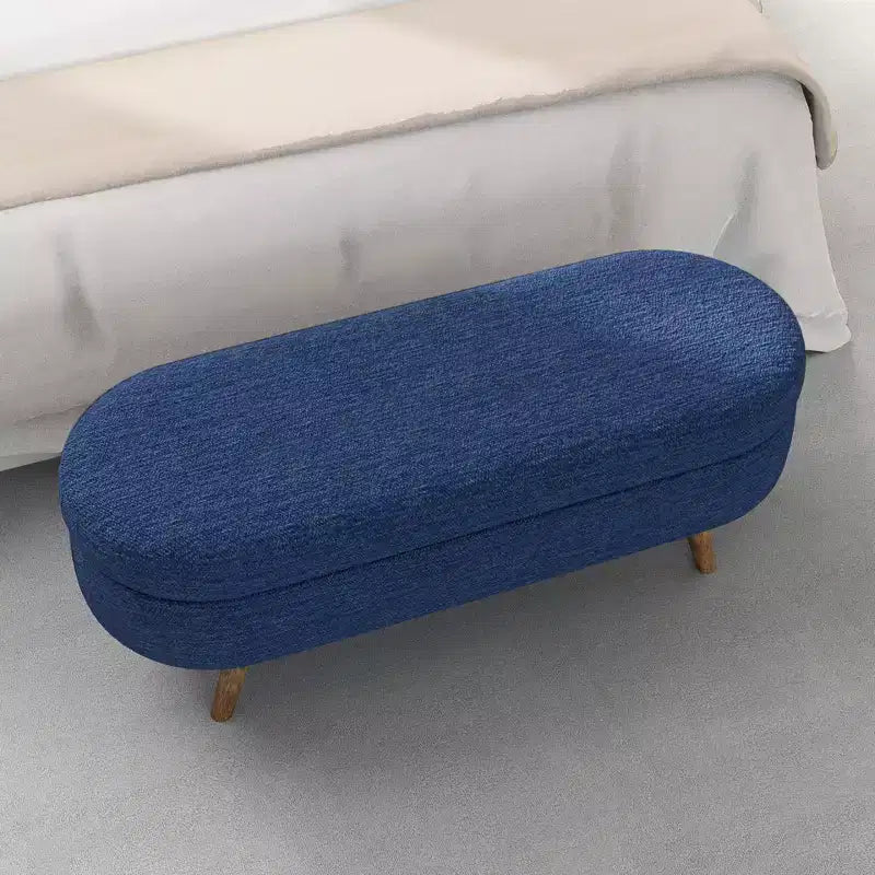 43.5 Banc de rangement ovale en tissu rembourré avec pieds en bois d'hévéa, ottoman repose-pieds pour salon, chambre, entrée