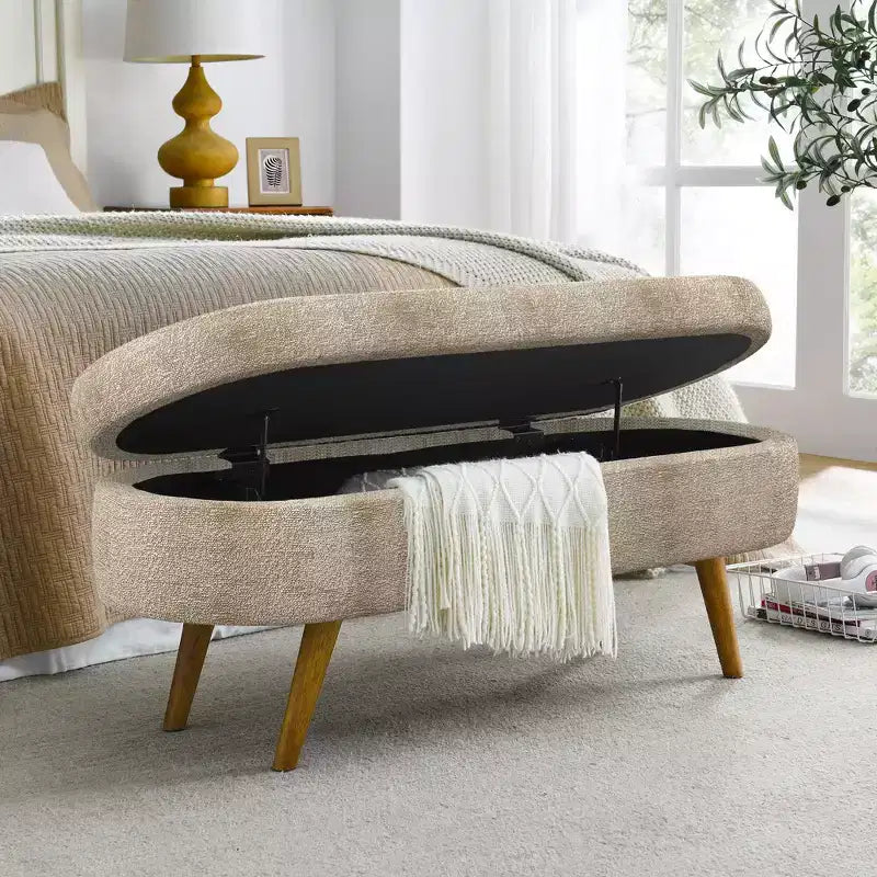 43.5 Banc de rangement ovale en tissu rembourré avec pieds en bois d'hévéa, ottoman repose-pieds pour salon, chambre, entrée