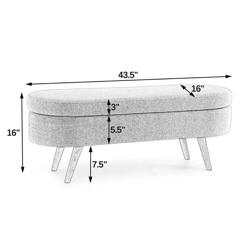 43.5 Banc de rangement ovale en tissu rembourré avec pieds en bois d'hévéa, ottoman repose-pieds pour salon, chambre, entrée