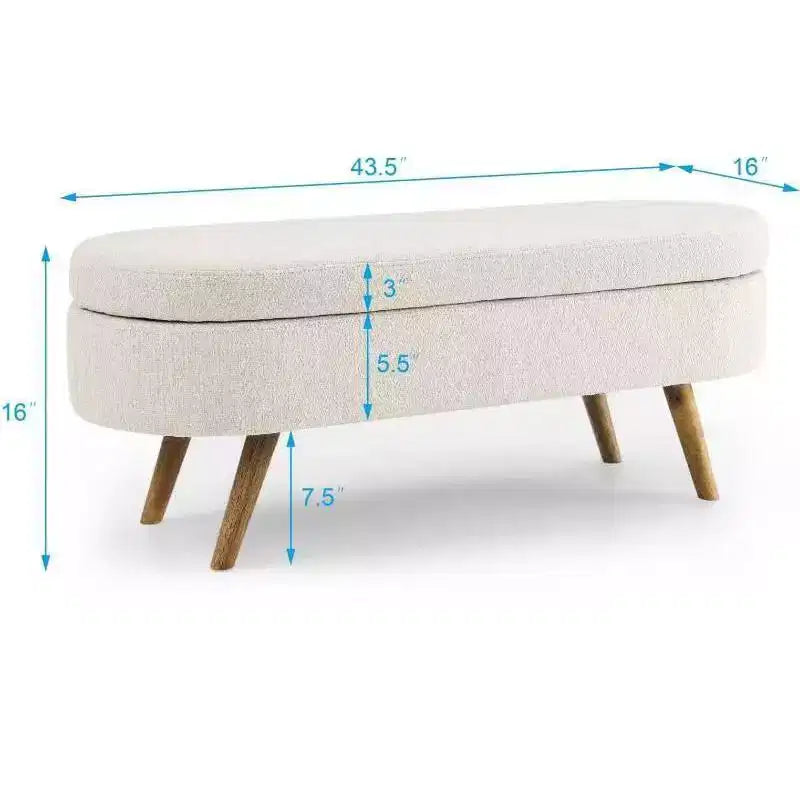 43.5 Banc de rangement ovale en tissu rembourré avec pieds en bois d'hévéa, ottoman repose-pieds pour salon, chambre, entrée