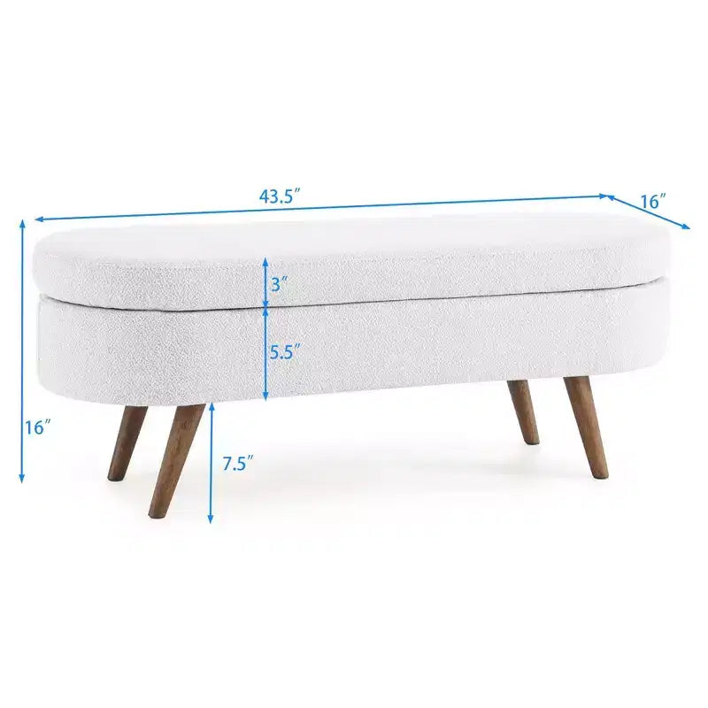43.5 Banc de rangement ovale en tissu rembourré avec pieds en bois d'hévéa, ottoman repose-pieds pour salon, chambre, entrée