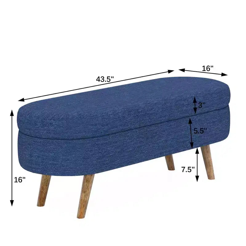 43.5 Banc de rangement ovale en tissu rembourré avec pieds en bois d'hévéa, ottoman repose-pieds pour salon, chambre, entrée