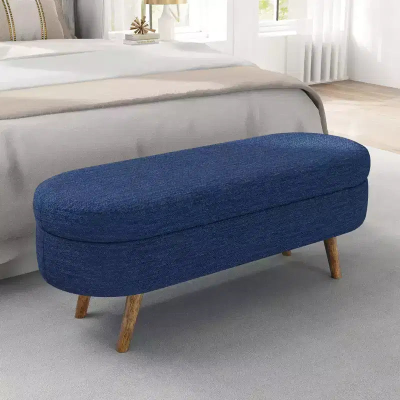 43.5 Banc de rangement ovale en tissu rembourré avec pieds en bois d'hévéa, ottoman repose-pieds pour salon, chambre, entrée