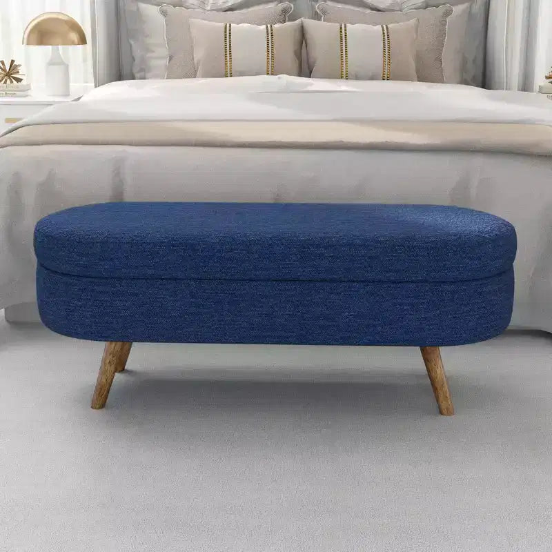 43.5 Banc de rangement ovale en tissu rembourré avec pieds en bois d'hévéa, ottoman repose-pieds pour salon, chambre, entrée