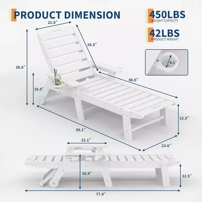 Chaise longue d'extérieur avec roulettes, Chaises longues de piscine surdimensionnées en PEHD à 5 positions, Chaises longues de piscine
