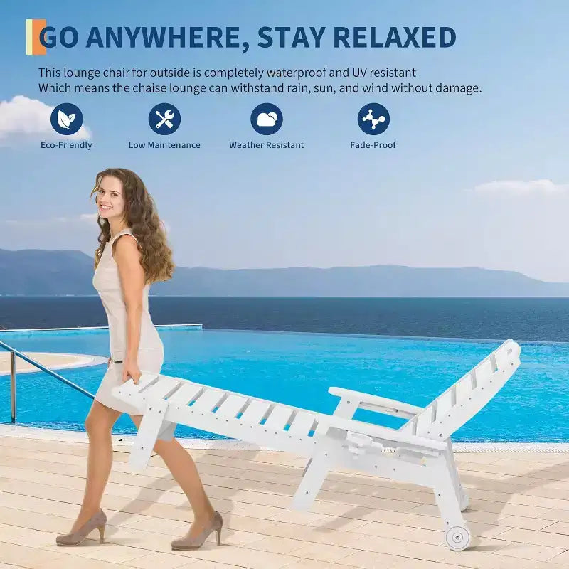 Chaise longue d'extérieur avec roulettes, Chaises longues de piscine surdimensionnées en PEHD à 5 positions, Chaises longues de piscine