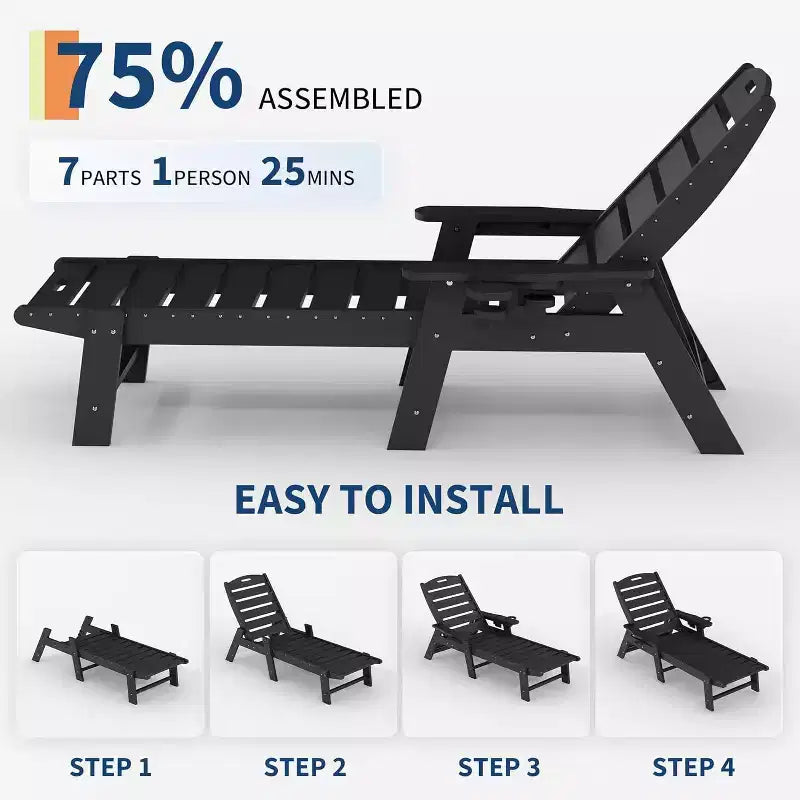 Chaise longue d'extérieur avec roulettes, Chaises longues de piscine surdimensionnées en PEHD à 5 positions, Chaises longues de piscine