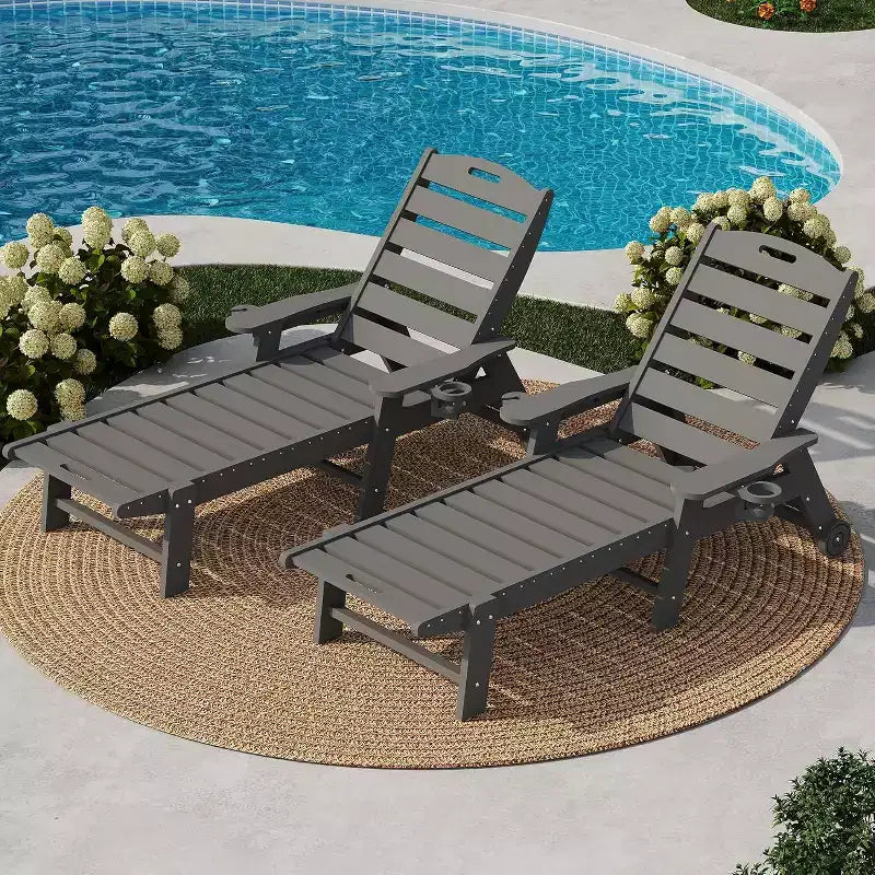 Chaise longue d'extérieur avec roulettes, Chaises longues de piscine surdimensionnées en PEHD à 5 positions, Chaises longues de piscine