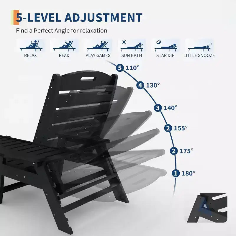 Chaise longue d'extérieur avec roulettes, Chaises longues de piscine surdimensionnées en PEHD à 5 positions, Chaises longues de piscine