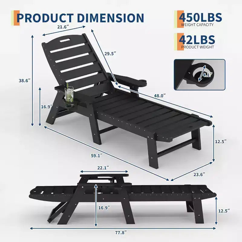 Chaise longue d'extérieur avec roulettes, Chaises longues de piscine surdimensionnées en PEHD à 5 positions, Chaises longues de piscine
