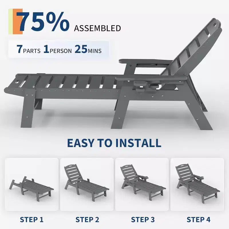 Chaise longue d'extérieur avec roulettes, Chaises longues de piscine surdimensionnées en PEHD à 5 positions, Chaises longues de piscine