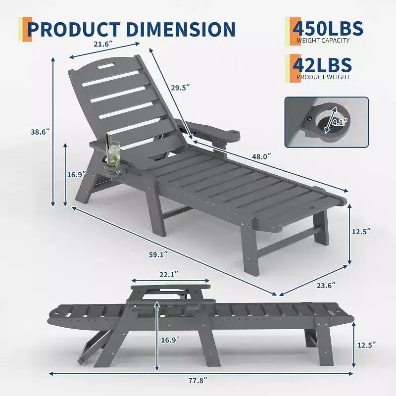 Chaise longue d'extérieur avec roulettes, Chaises longues de piscine surdimensionnées en PEHD à 5 positions, Chaises longues de piscine