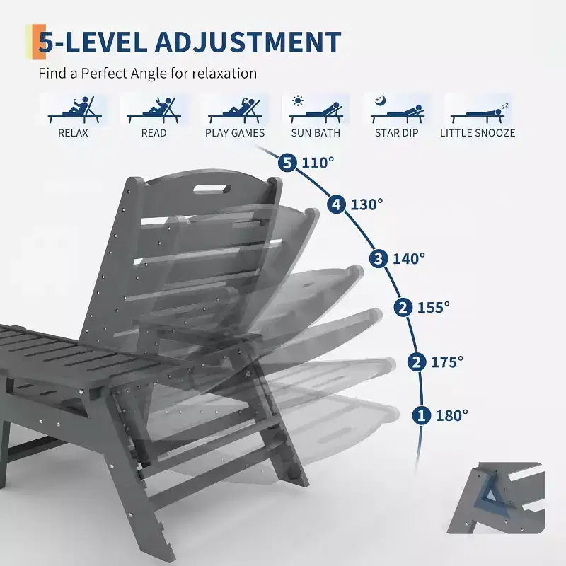 Chaise longue d'extérieur avec roulettes, Chaises longues de piscine surdimensionnées en PEHD à 5 positions, Chaises longues de piscine