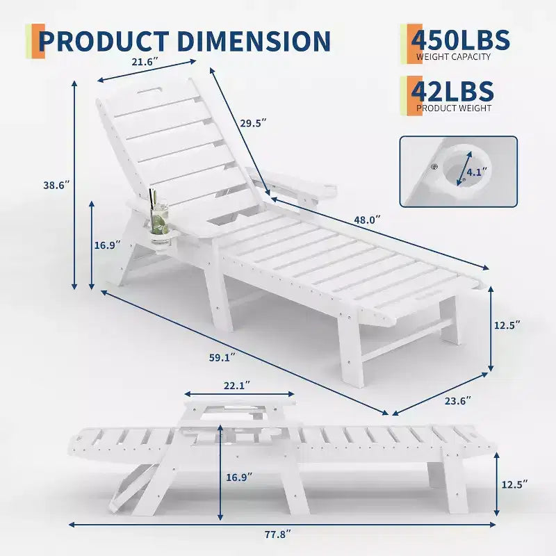 Chaise longue d'extérieur avec roulettes, Chaises longues de piscine surdimensionnées en PEHD à 5 positions, Chaises longues de piscine