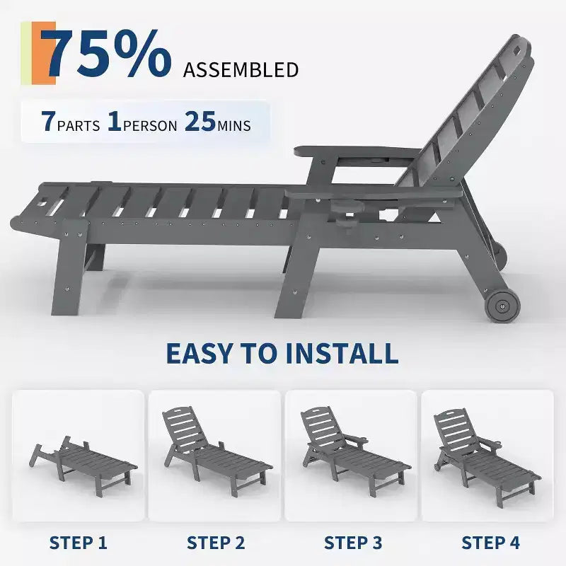 Chaise longue d'extérieur avec roulettes, Chaises longues de piscine surdimensionnées en PEHD à 5 positions, Chaises longues de piscine