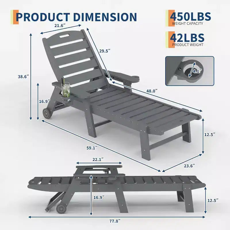 Chaise longue d'extérieur avec roulettes, Chaises longues de piscine surdimensionnées en PEHD à 5 positions, Chaises longues de piscine