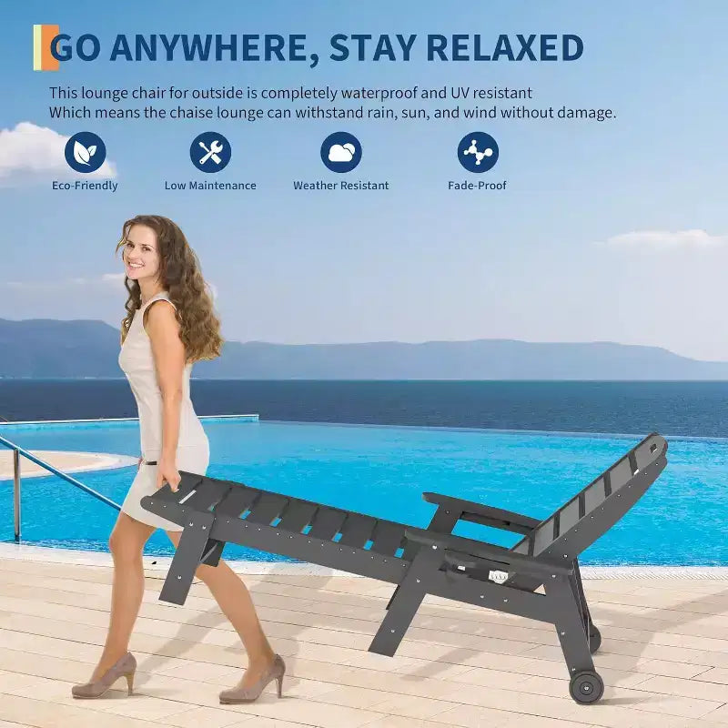 Chaise longue d'extérieur avec roulettes, Chaises longues de piscine surdimensionnées en PEHD à 5 positions, Chaises longues de piscine