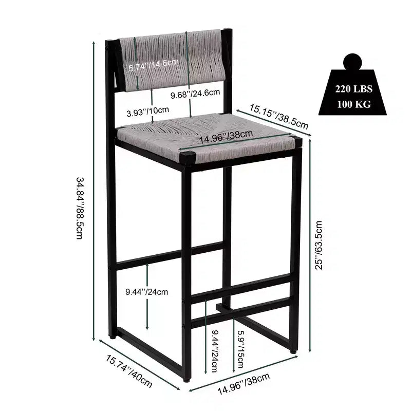 Lot de 2 tabourets de bar hauts en corde de papier tressée, capacité de charge maximale de 100 kg