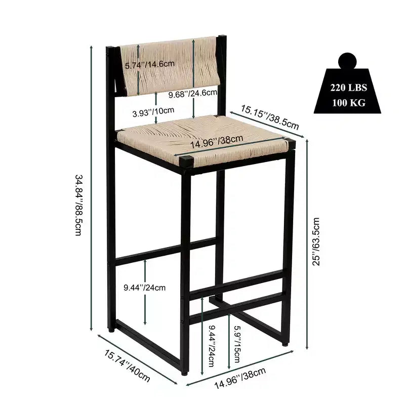 Lot de 2 tabourets de bar hauts en corde de papier tressée, capacité de charge maximale de 100 kg