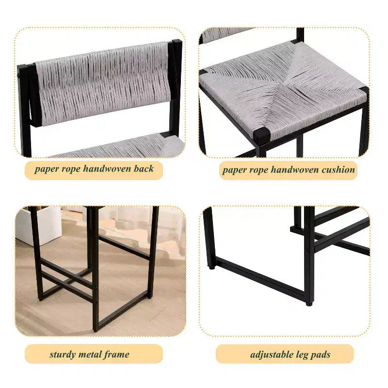 Lot de 2 tabourets de bar hauts en corde de papier tressée, capacité de charge maximale de 100 kg