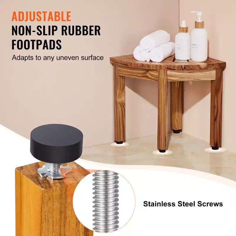 Banc de douche d'angle en teck, hauteur 12,4, rayon 11,5, bois de teck à 100 %, banc de douche d'angle, 136 kg, avec étagère de rangement, couleur bois