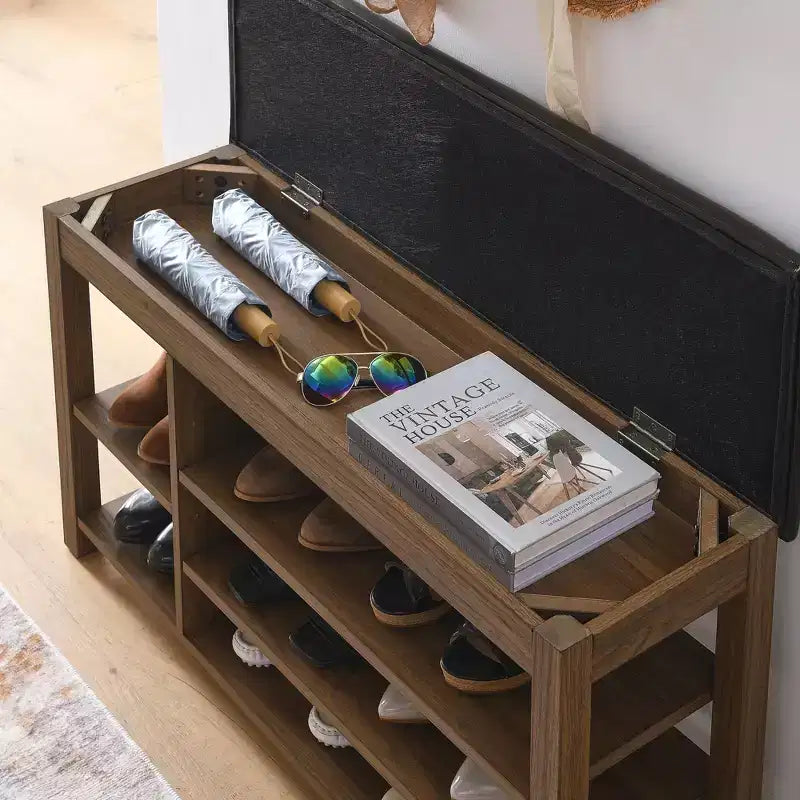 Banc à chaussures long en caoutchouc naturel avec rangement dissimulé – Organisateur d'entrée style nordique