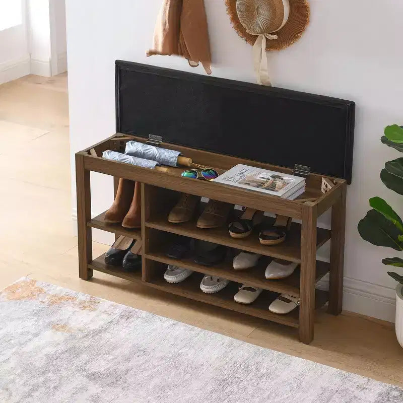 Banc à chaussures long en caoutchouc naturel avec rangement dissimulé – Organisateur d'entrée style nordique
