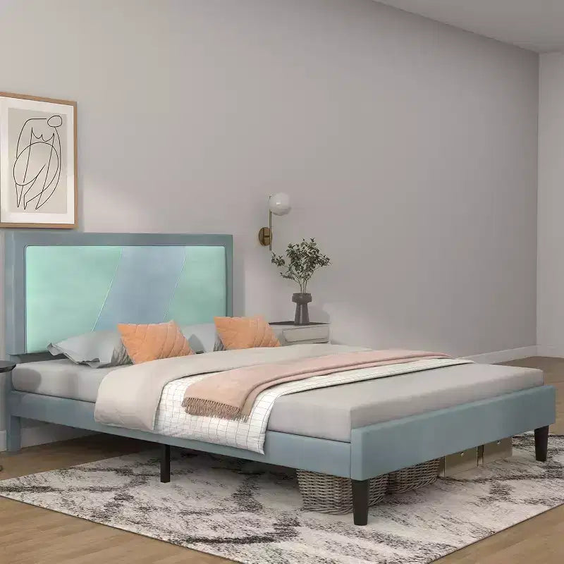 Cadre de lit grand format robuste avec lattes en acier, tête de lit réglable en hauteur, aucun sommier tapissier requis, assemblage facile, beige