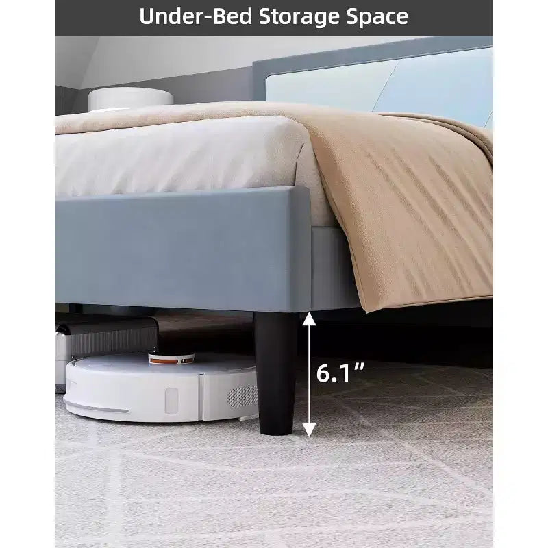 Cadre de lit grand format robuste avec lattes en acier, tête de lit réglable en hauteur, aucun sommier tapissier requis, assemblage facile, beige