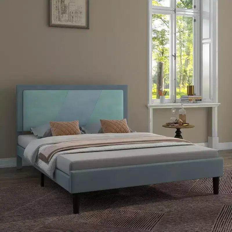 Cadre de lit grand format robuste avec lattes en acier, tête de lit réglable en hauteur, aucun sommier tapissier requis, assemblage facile, beige