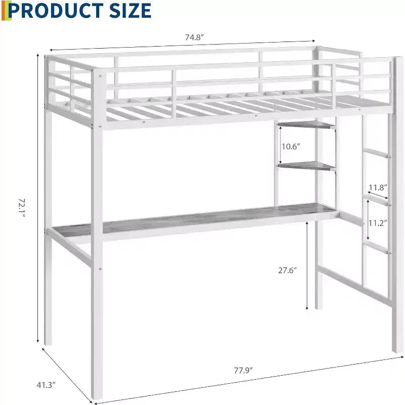 Lit mezzanine une place avec grand bureau et étagères de rangement, lit mezzanine en métal robuste avec garde-corps de sécurité et échelle, support à lattes en acier, gain de place