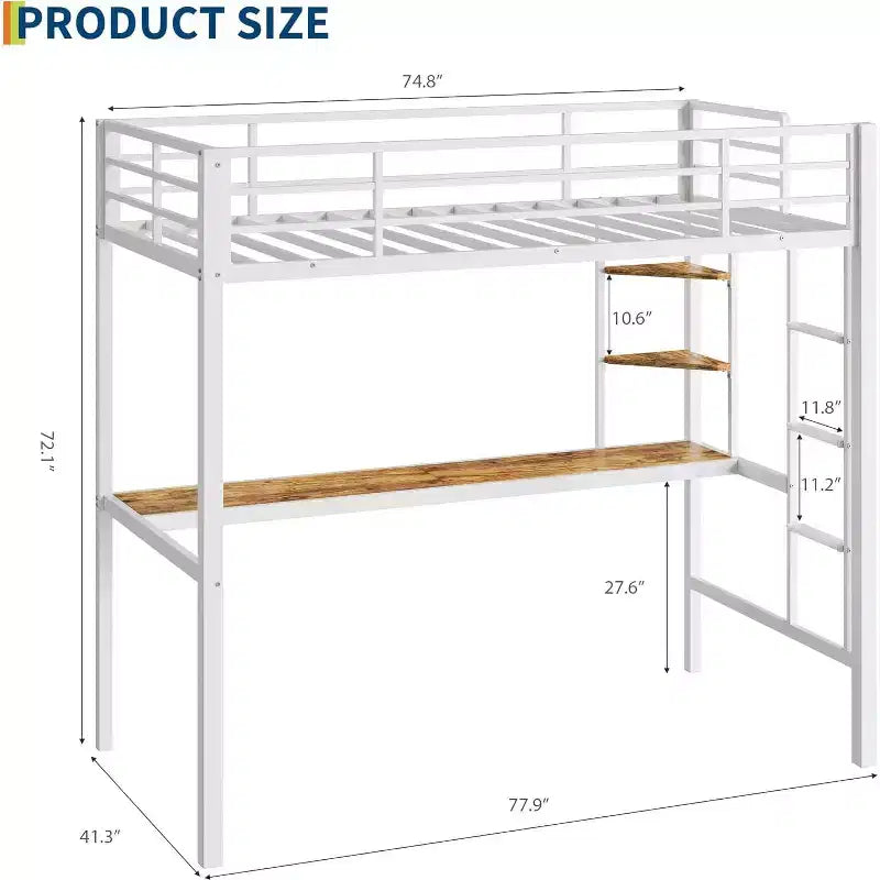 Lit mezzanine une place avec grand bureau et étagères de rangement, lit mezzanine en métal robuste avec garde-corps de sécurité et échelle, support à lattes en acier, gain de place