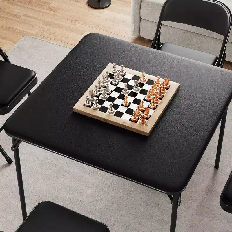 Table carrée pliante portable avec pieds pliables et rembourrage en vinyle, fabriquée en métal, convient comme bureau, table de jeu d'échecs ou table de jeux de société
