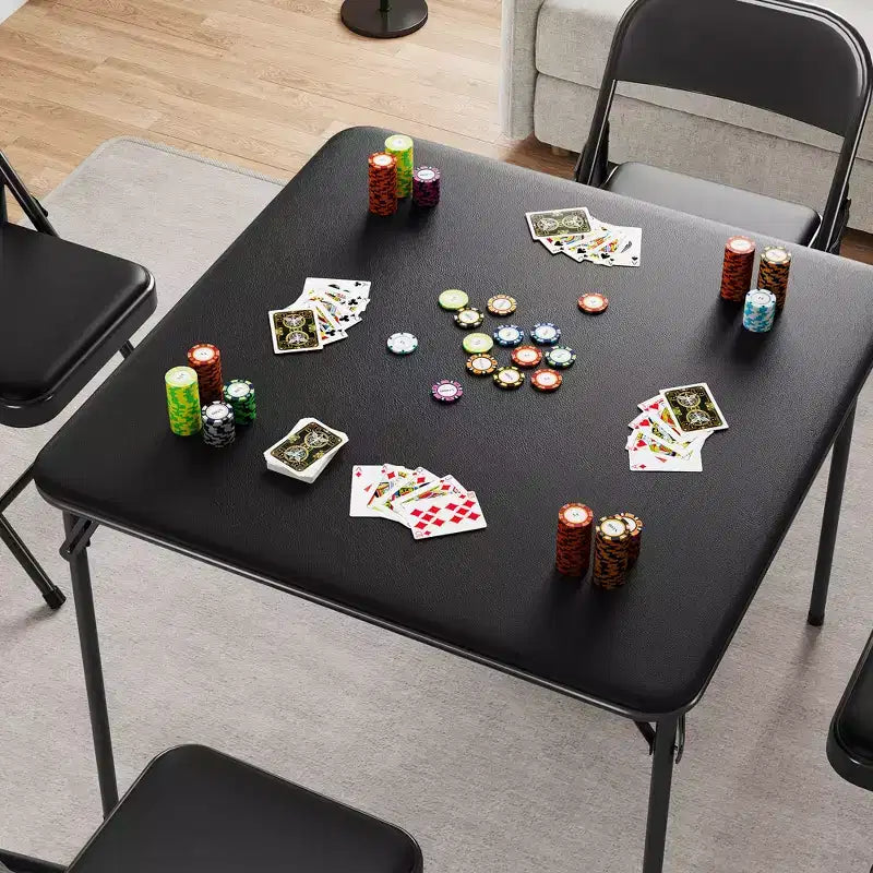 Table carrée pliante portable avec pieds pliables et rembourrage en vinyle, fabriquée en métal, convient comme bureau, table de jeu d'échecs ou table de jeux de société