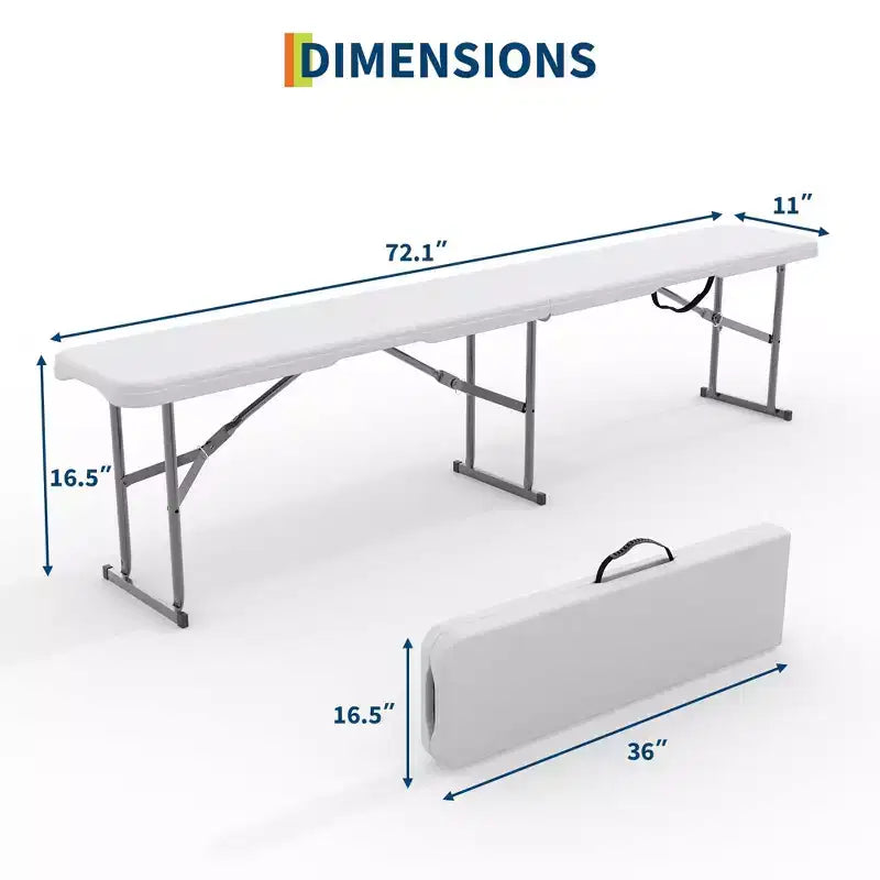 Banc pliant portable de 1,8 m, lot de 2, plateau en plastique HDPE pliable avec poignée de transport pour pique-nique en plein air, camping, fête, activités sportives