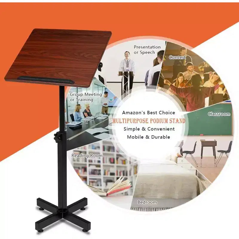 VINGLI Pupitre de lecture classique, réglable en hauteur pour église et salle de classe, bureau de présentation portable avec butée de bord, marron