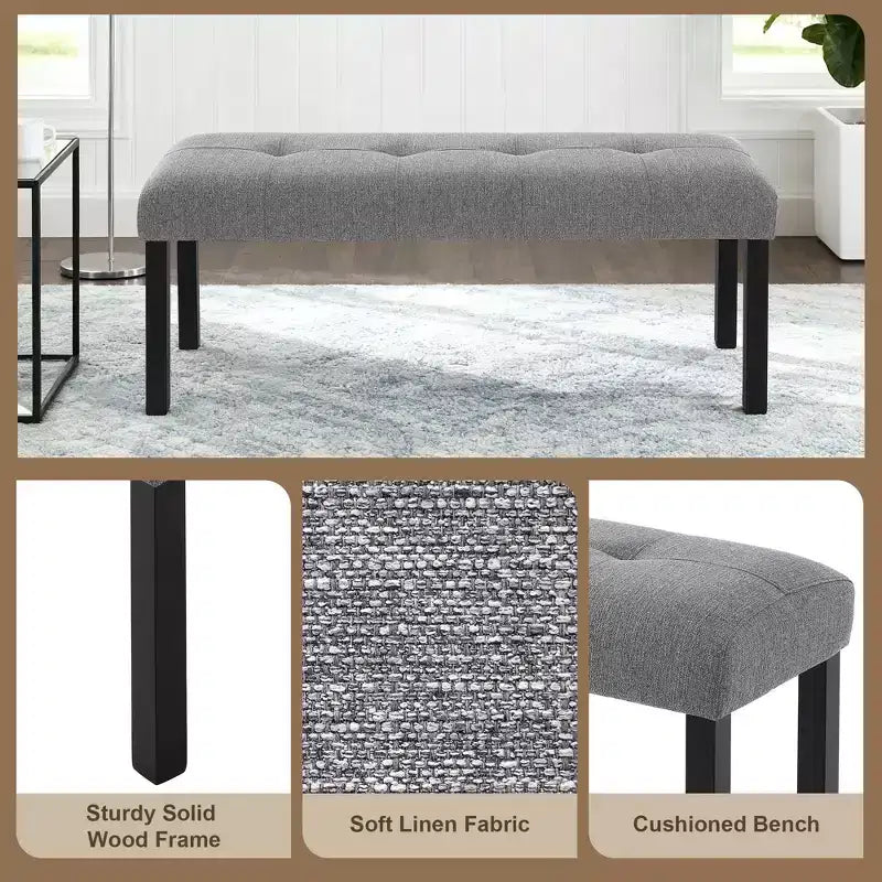 Banc moderne en lin avec capitonnage, banc de chaise de salle à manger polyvalent avec pieds en bois, banc de bout de lit de ferme pour salon et chambre à coucher