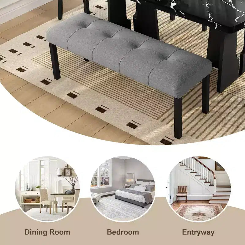 Banc moderne en lin avec capitonnage, banc de chaise de salle à manger polyvalent avec pieds en bois, banc de bout de lit de ferme pour salon et chambre à coucher