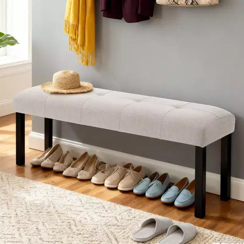Banc moderne en lin avec capitonnage, banc de chaise de salle à manger polyvalent avec pieds en bois, banc de bout de lit de ferme pour salon et chambre à coucher