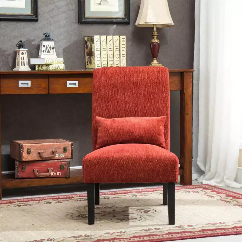 Fauteuil d'appoint moderne avec oreiller et revêtement en chenille, sans accoudoirs, avec pieds en bois massif, chaise confortable pour salon et chambre à coucher.